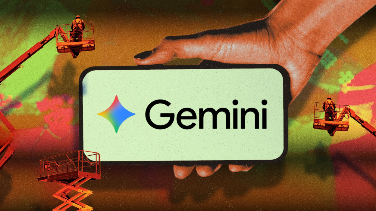 illustration of utility workers on forklifts around google gemini logo