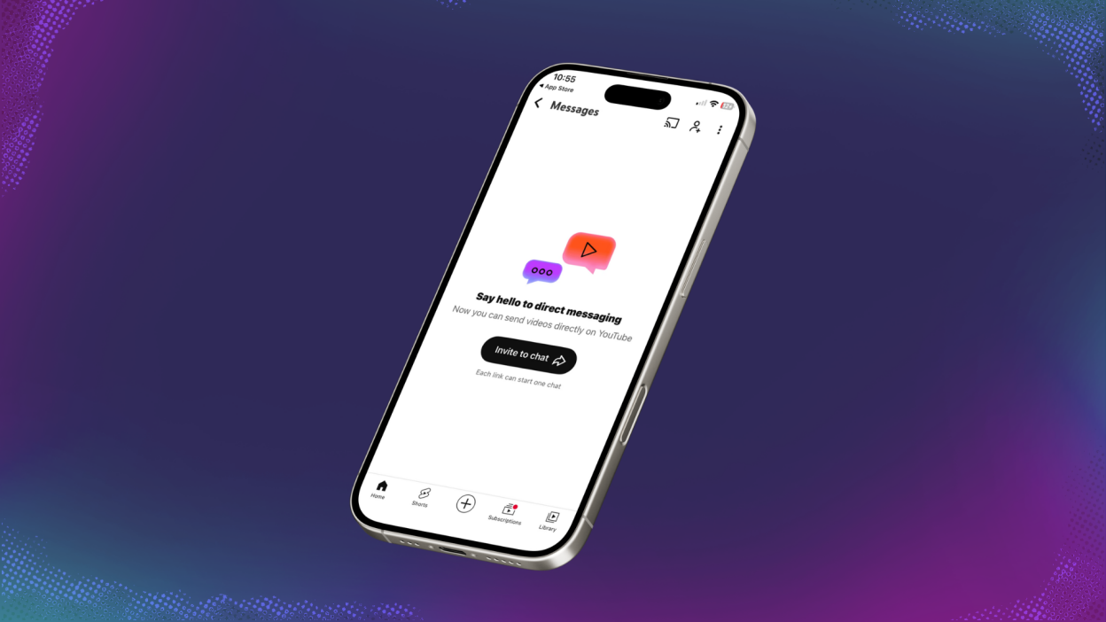 A phone shows the new YouTube DMs inbox.