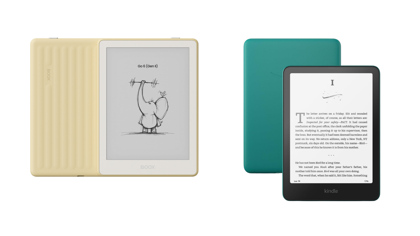 On the left, a Boox Go Gen 2 and on the right, a Kindle Paperwhite.